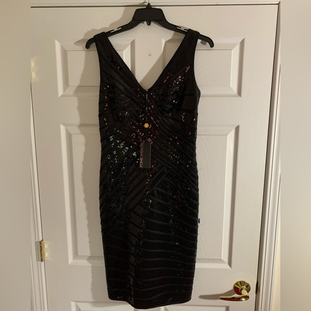 Tadashi Shoji black sequins bondage dress